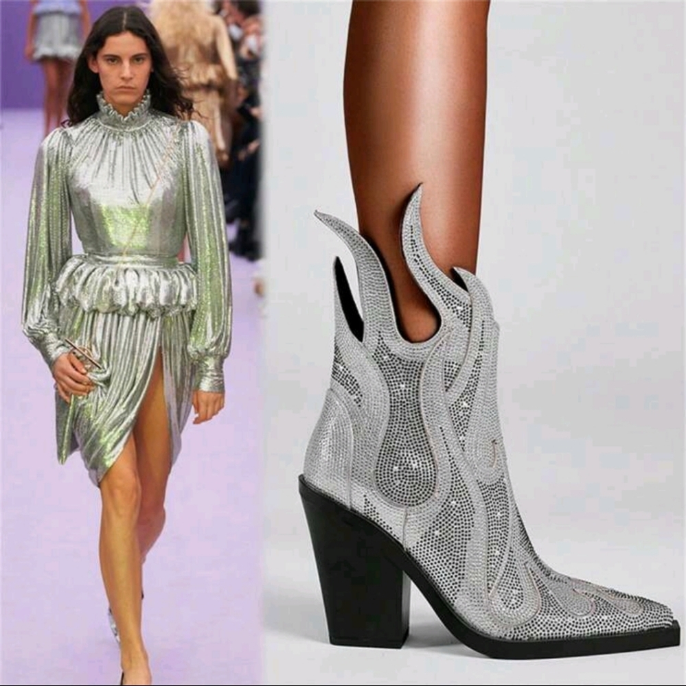 NEW RHINESTONE COWGIRL BOOTS SPARKLY POINTED TOE BLOCK HEEL ANKLE BOOTIES - Picture 5 of 6